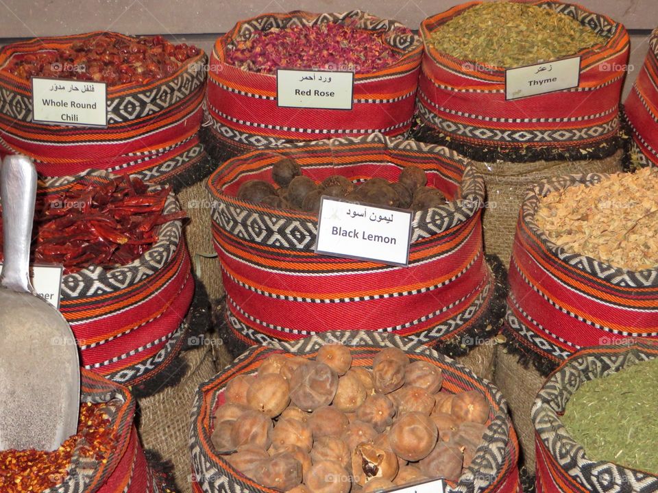 Spices in red baskets