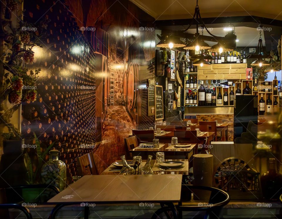 A restaurant lit up ready for evening business