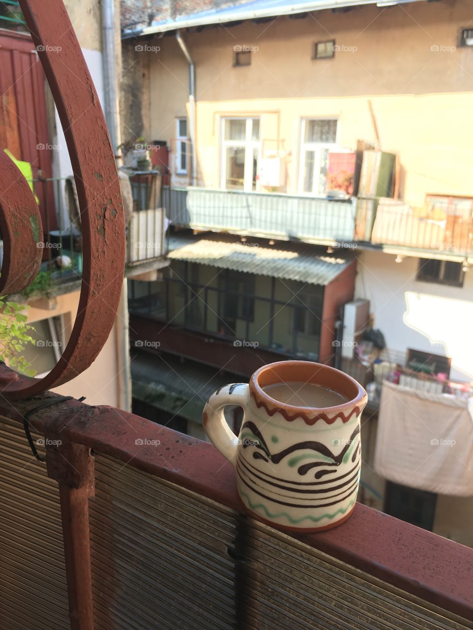 Ceramic cup on the balcony 