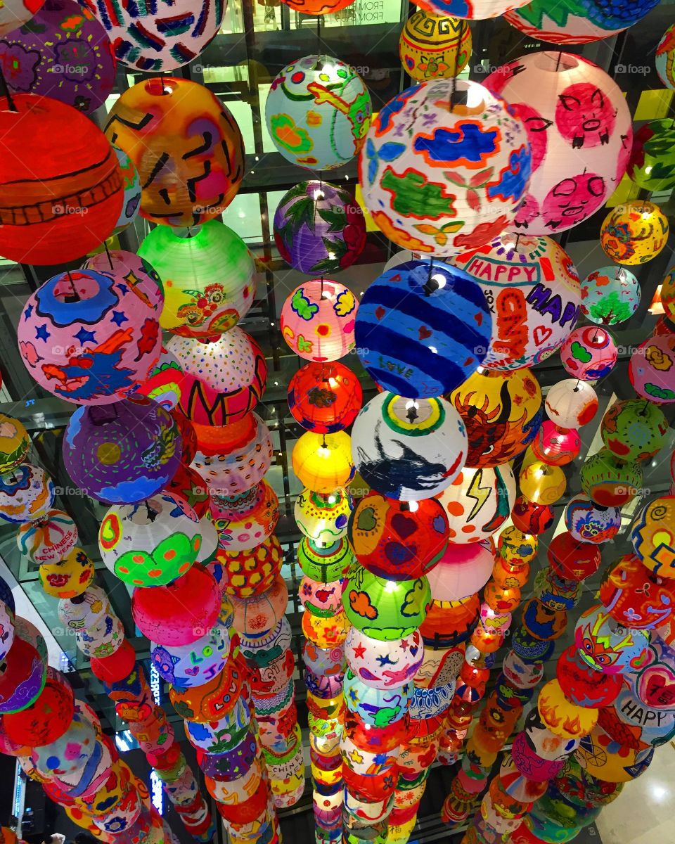 Many lanterns adorn the ceiling in celebration of Lunar New Year; painted by the public of Bangkok