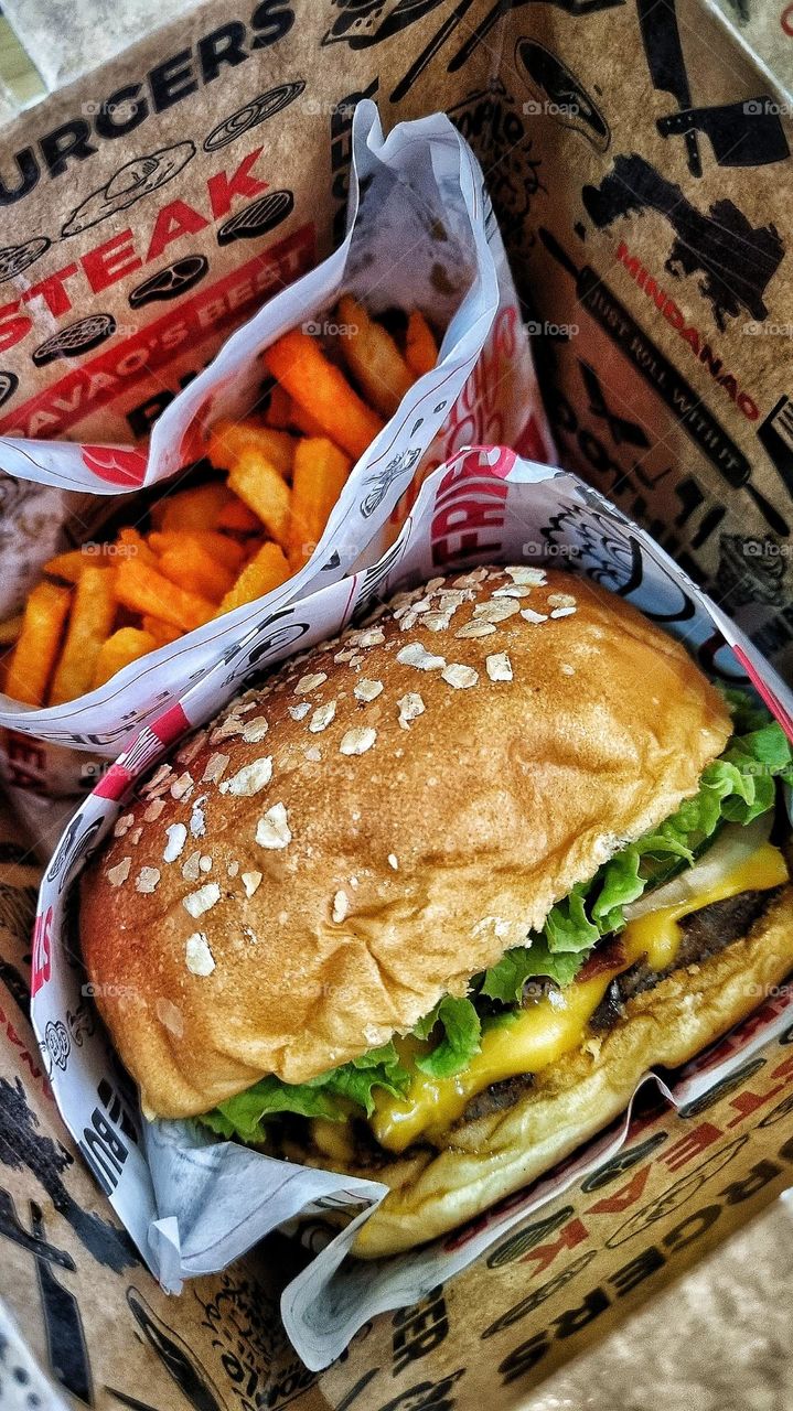 classic burger and cheese fries