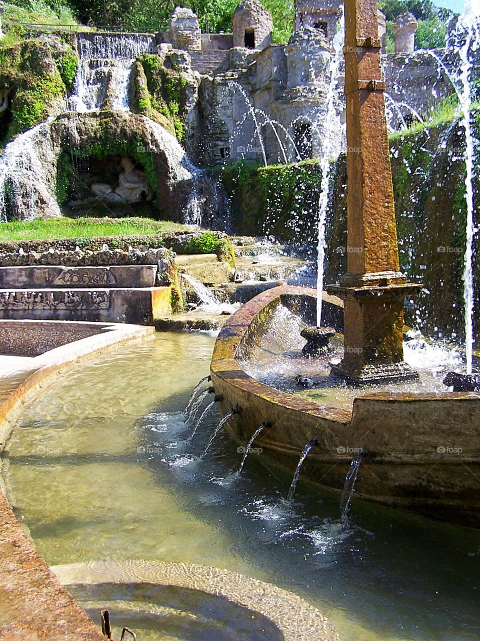 Series of fountains at the villa of Tivoli just outside Rome in Italy