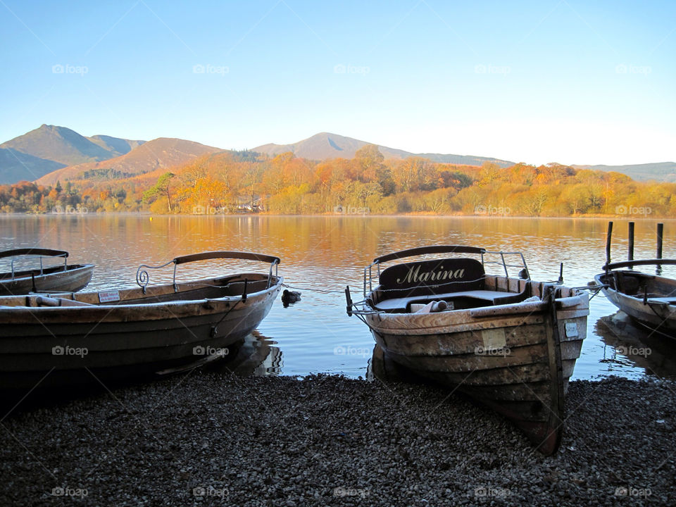 boats lake autumn mountains by snappychappie