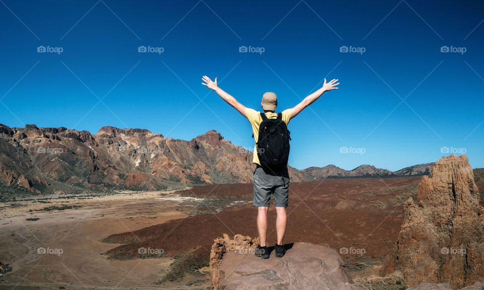 Young man with backpack stands back to the camera on top of the mount with raised hands and looks to the valley of the volcano crater, Teide National Park, Tenerife, Canary Islands, Spain