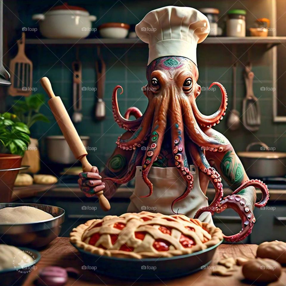 An octopus chef bakes pies, baking pies in the kitchen, octopus with a cherry pie, octopus pastry chef 