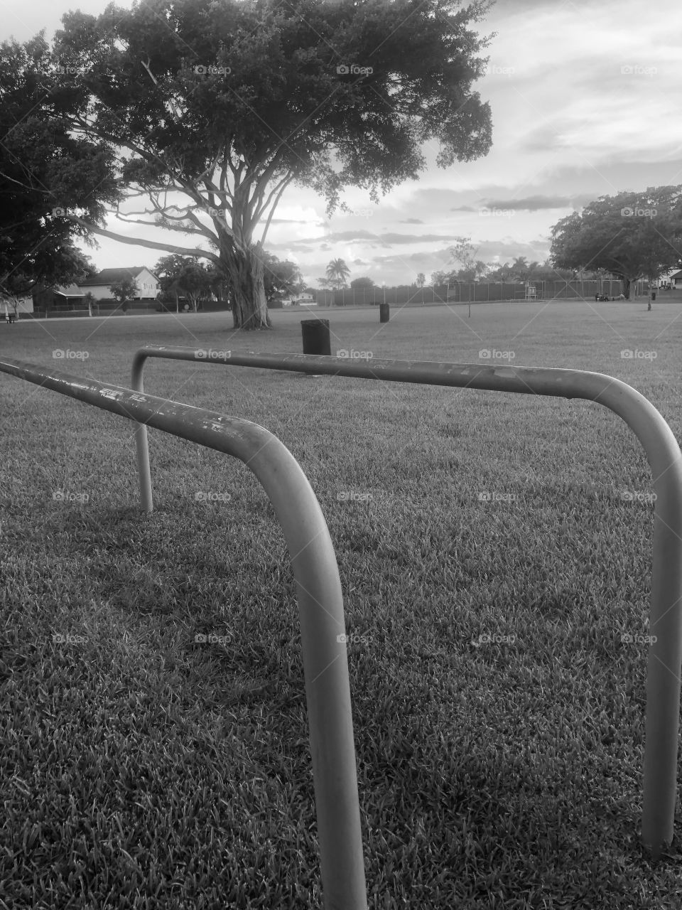Parallel bars at the park in black and white