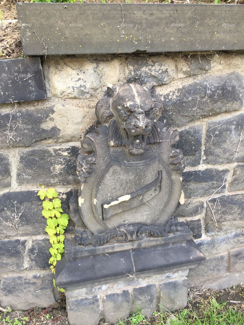 Stone wall lion and shield 