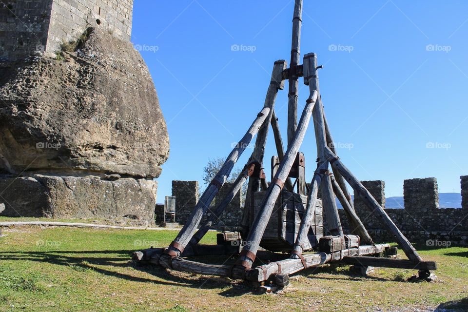 Penela Castle, Portugal. Ancient catapult used in castles for battle.