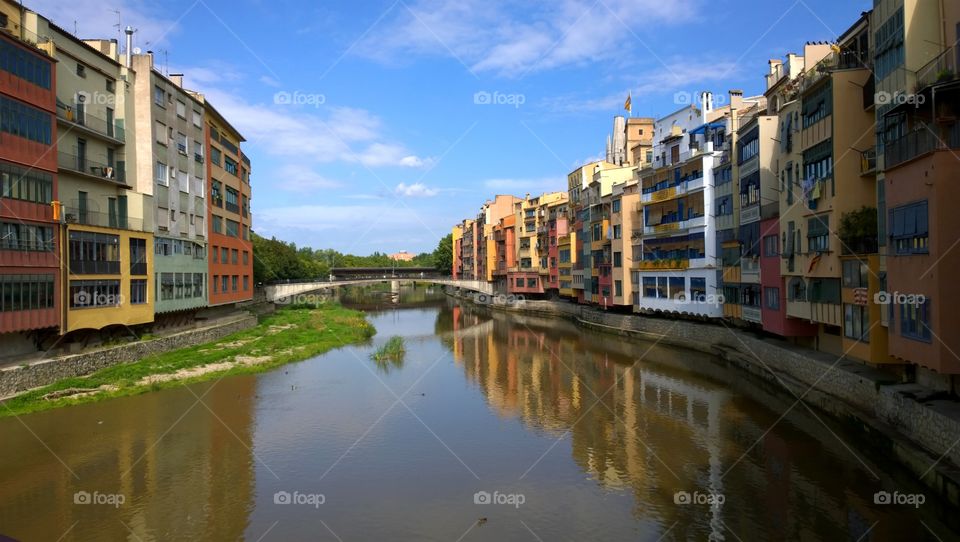 Landscape of Girona. View of the city of Girona from the bridge over the Onyar river