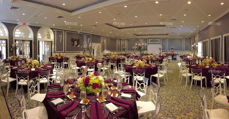 Ballroom . Room with tables decorated for a party