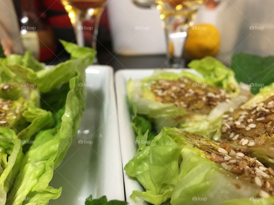 What's cooking? Asian style lettuce wraps filled with pork and other goodies, healthy, fresh, crunchy, delish 