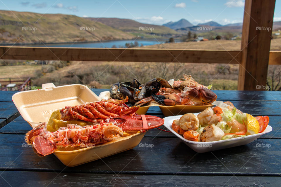 Seafood lunch on table in restaurant