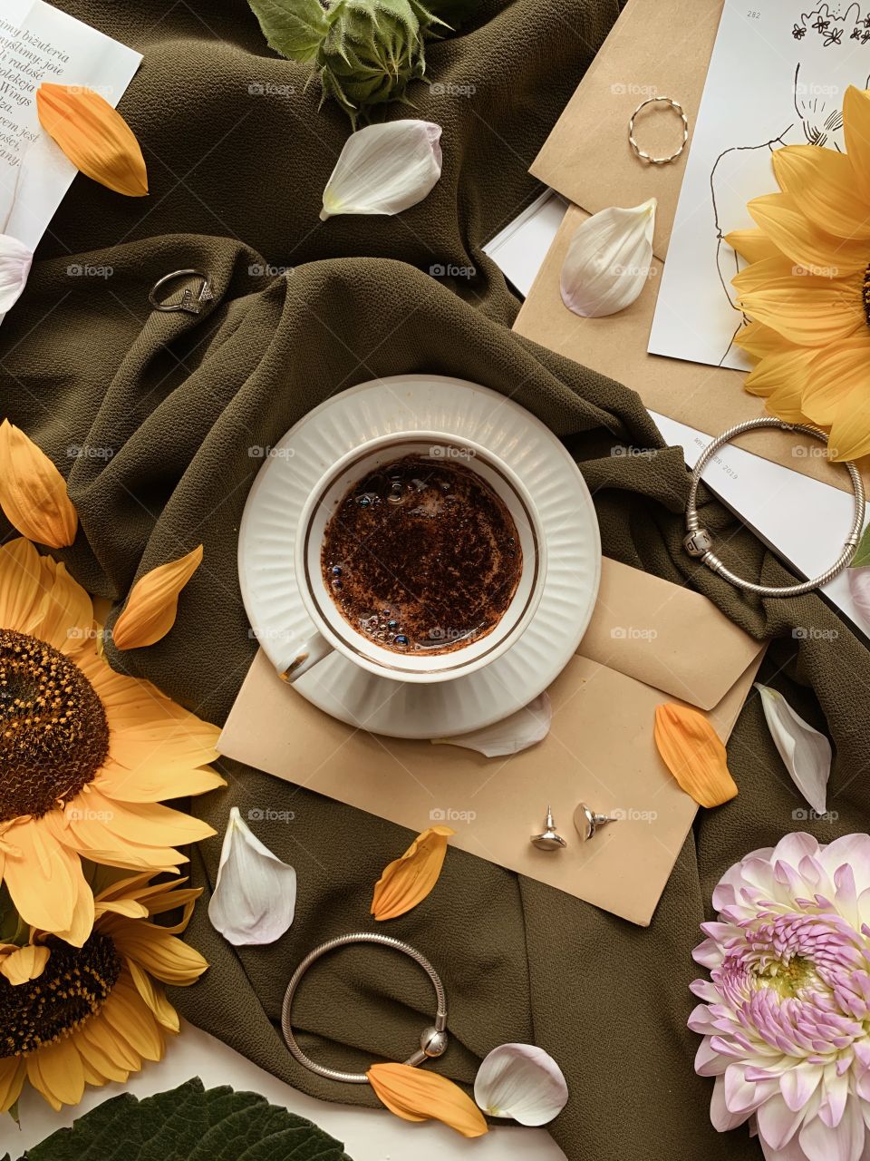 Flat lay coffee with sunflowers 