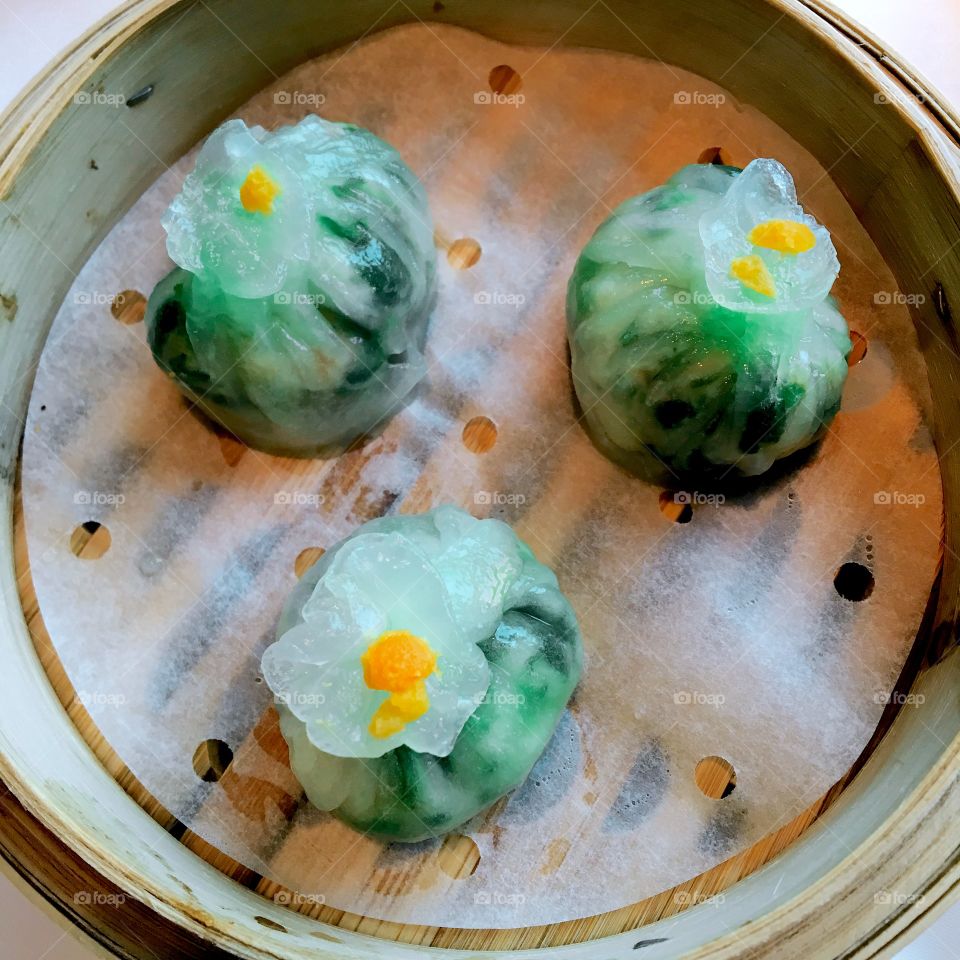 High angle view of dim sum