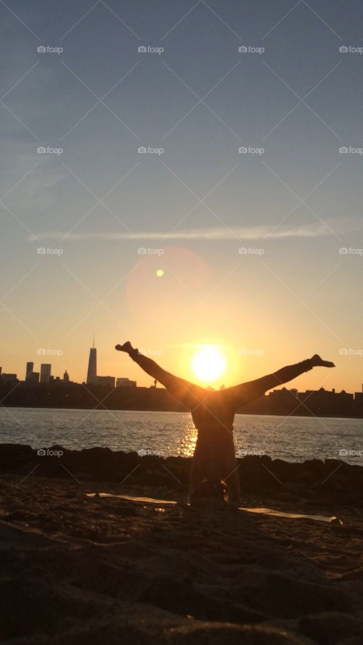 New York City sunset headstand - yoga
