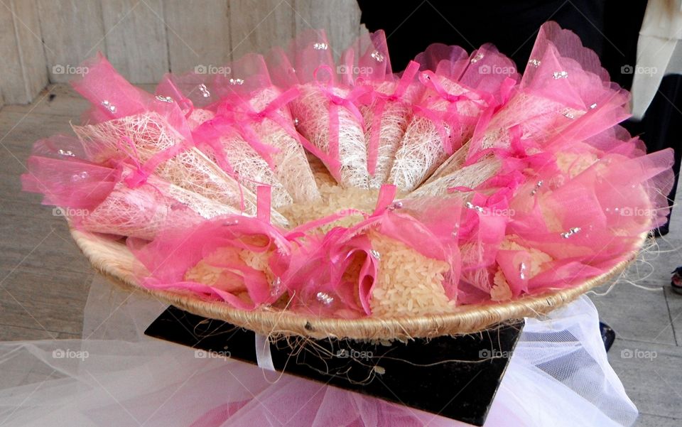 wedding rice in pink tissue