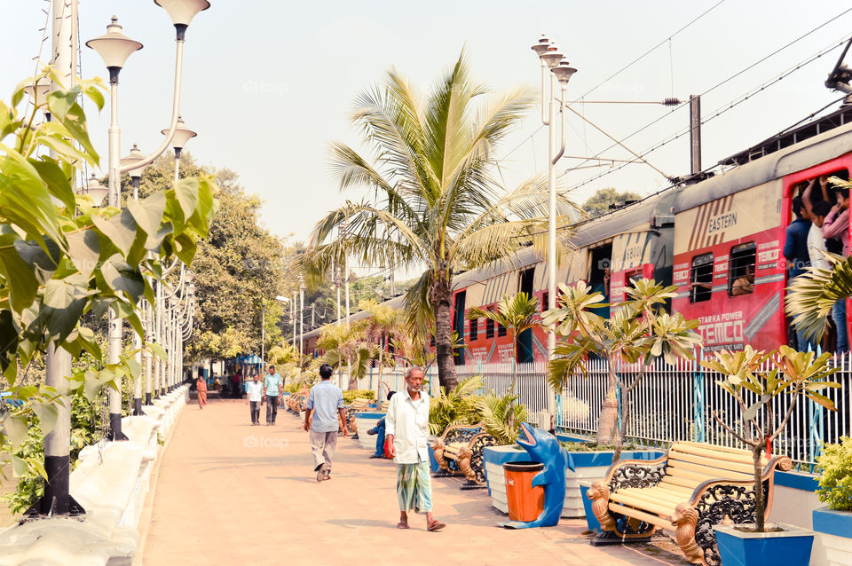 Kolkata, West Bengal, India 1st January, 2019 – Landscape View of Prinsep Ghat railway station adjacent to Prinsep Ghats along bank of the Hooghly River near. The Ghat was built in 1841 during the British Raj by James Prinsep.