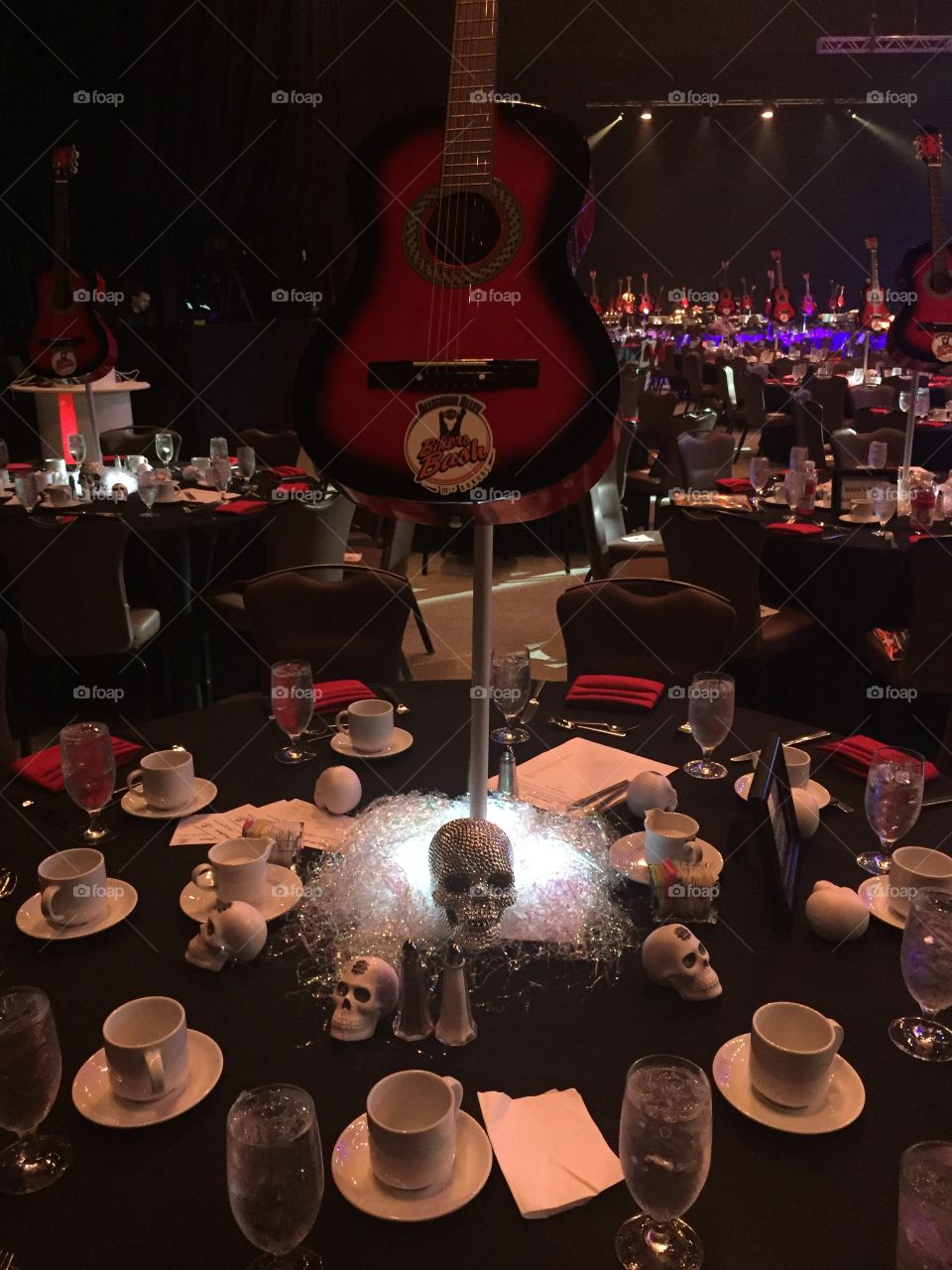 Hard Rock Biker Bash 2018 Boys and Girls Club Table Setting, Rhinestones Skulls guitar 