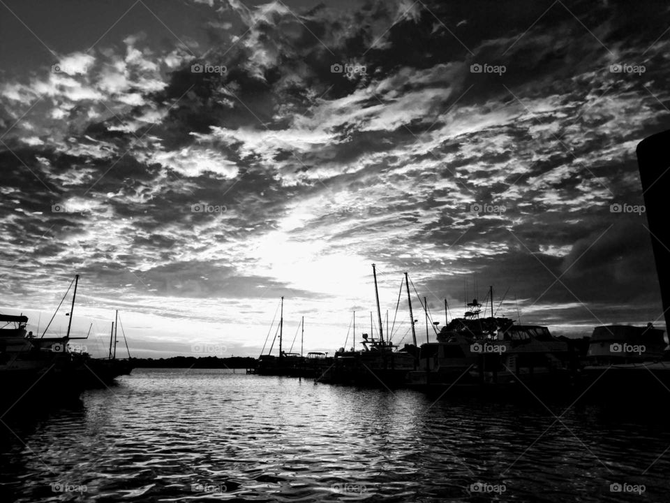sunset at the marina in black and white