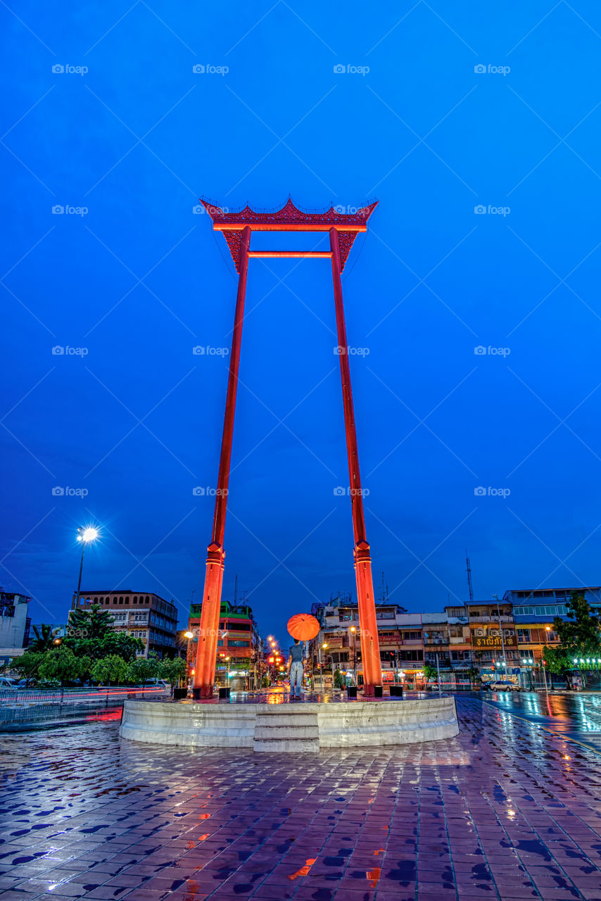 The beautiful scene of big red swing column landmark in Bangkok Thailand