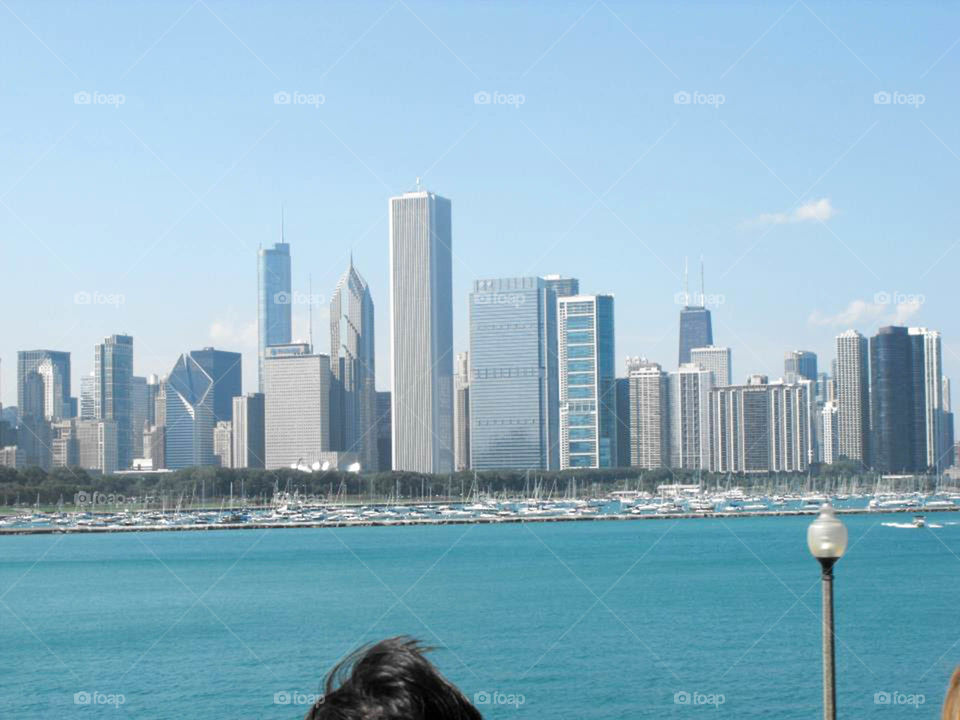 Chicago skyline. Skyscrapers line Lake Michigan in downtown Chicago