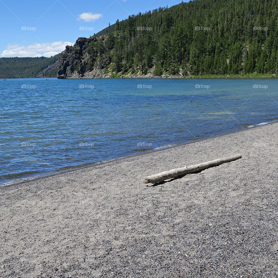 The shores of East Lake in the mountains of Central Oregon with tree covered hills and a beautiful blue skies on a sunny summer day. 