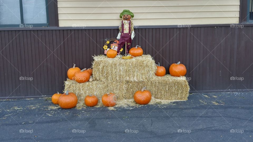 Pumpkins, straw bales, scarecrow decorations