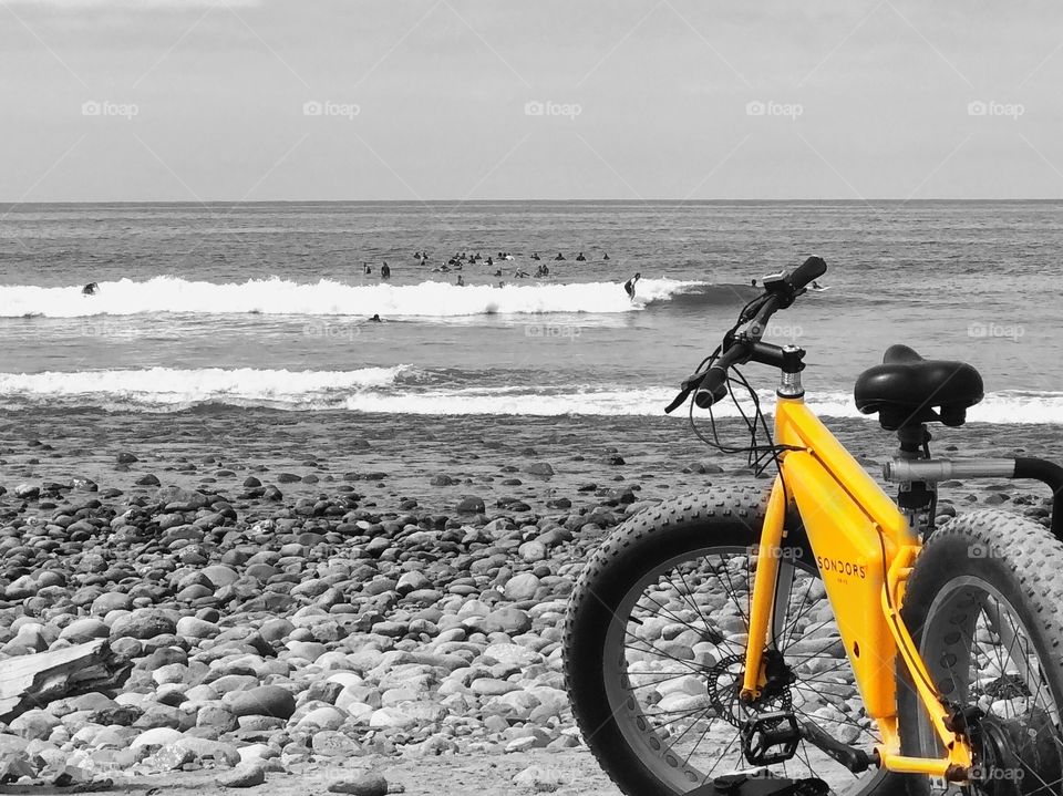 Bicycles and Surfers! Black and White with a Splash of Yellow