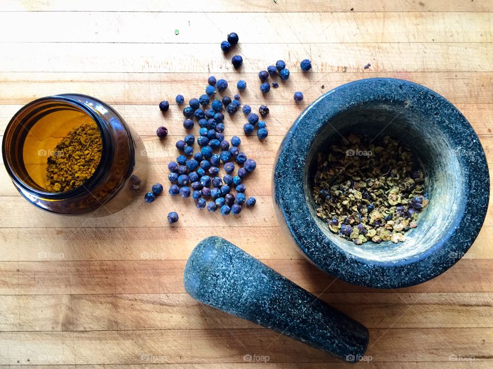 Crushing dried juniper berries that I harvested to make essential healing oils. 