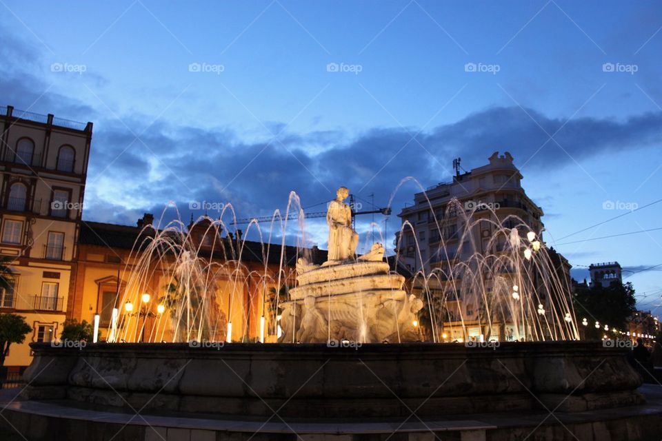 Fountain at night in Sevilla 