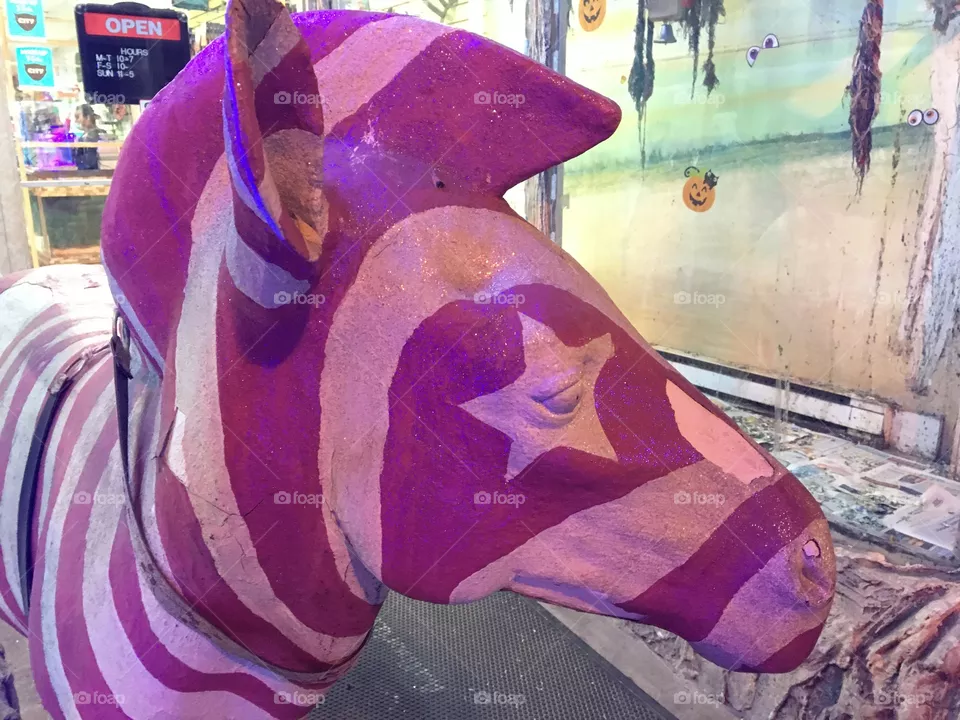 Zebra statue, pink stripes with star eye 