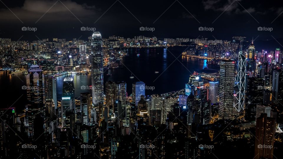 Beautiful full city scenery view of night time Hong Kong