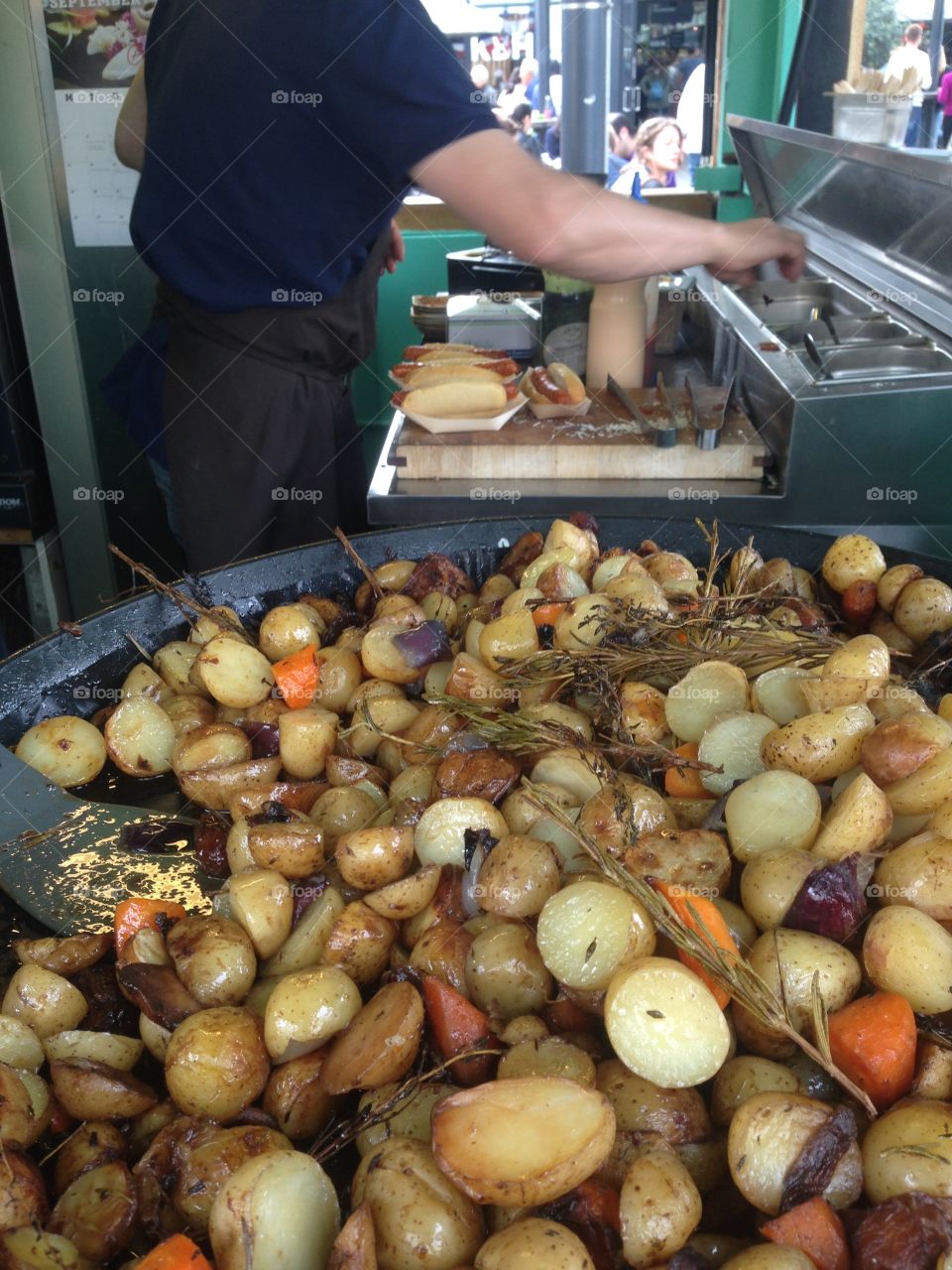 Danish street food, hot dog & potatoes