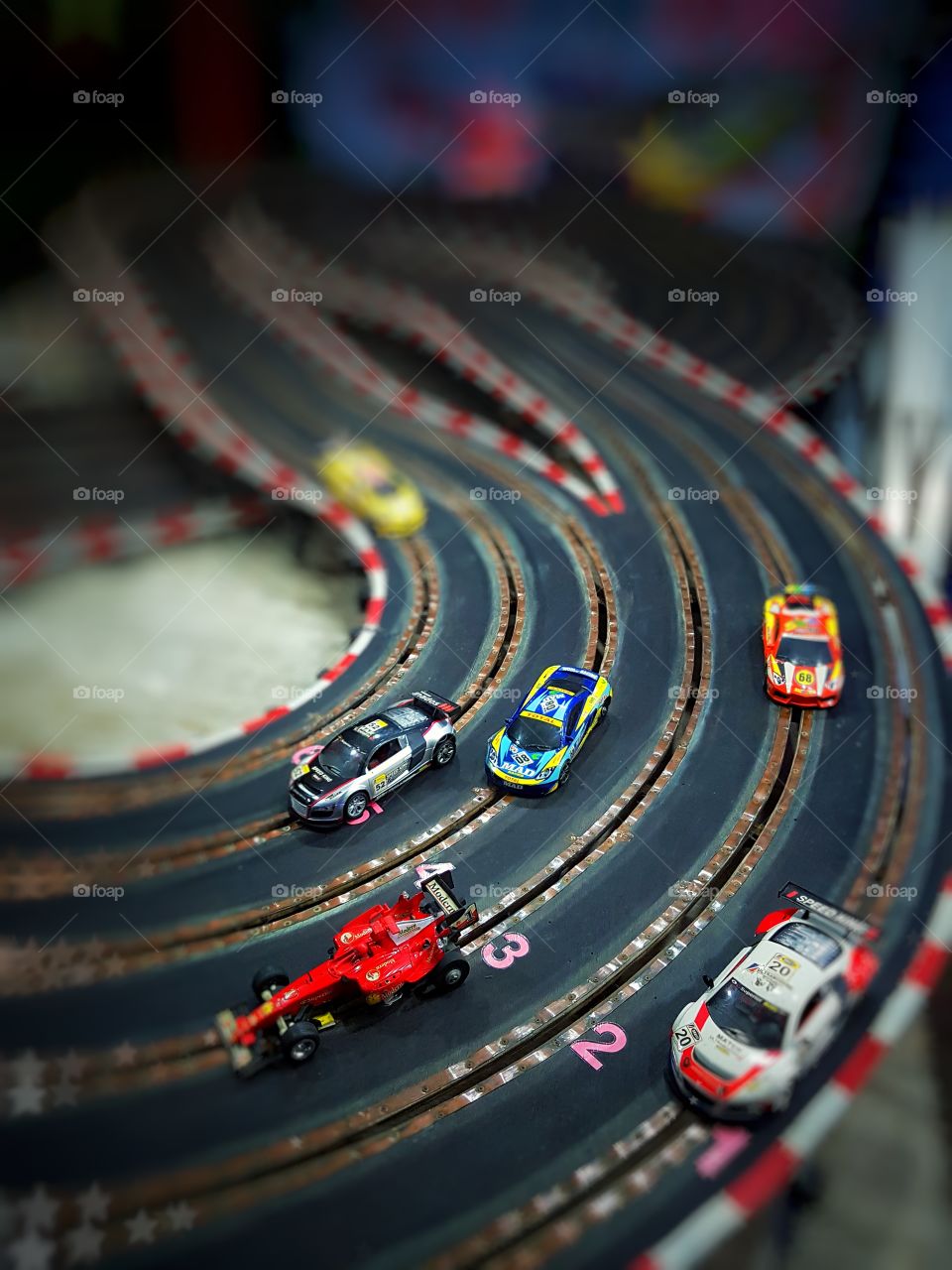 close up selective focus of toys car racing track