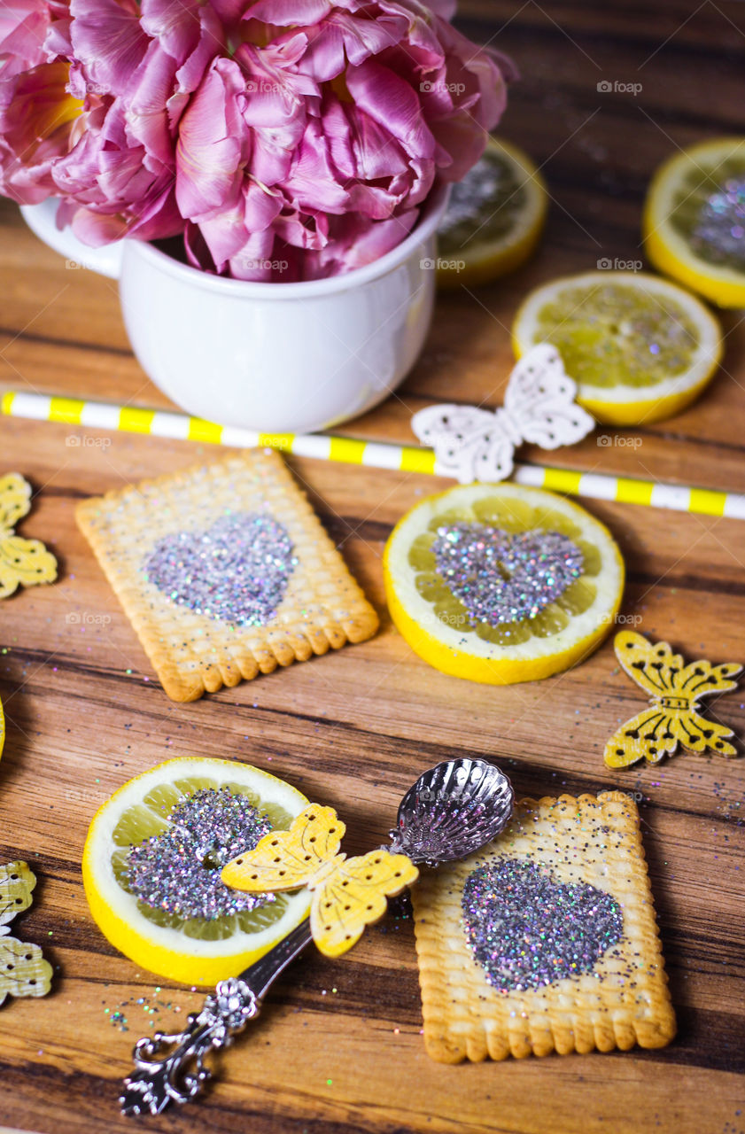 lemon butterfly wood glitter cookie