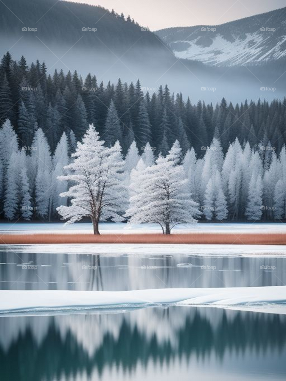 Frozen lake in the middle of the forest