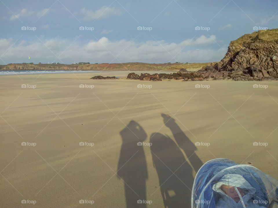 Plage des blancs sablons. I had this idea to make my family's shadow on the sand of this beautiful beach in Britain.