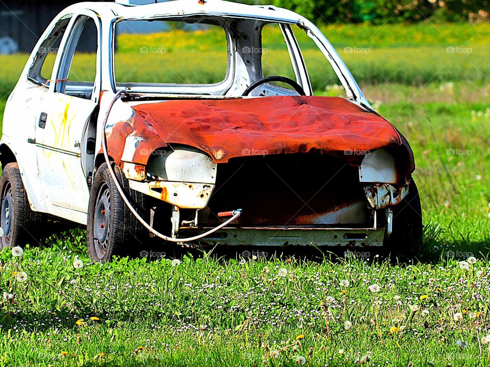 Autowrack auf Wiese