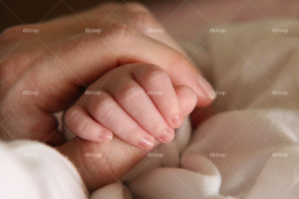 Close up of parent holiding infant hand