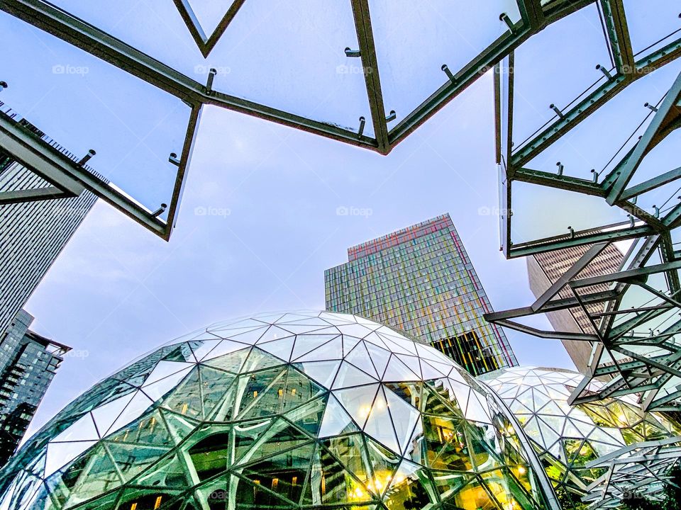 Amazon.com headquarters in downtown Seattle, Washington, featuring the Spheres, a geodesic glass enclosed conservatory-type setting for the employees
