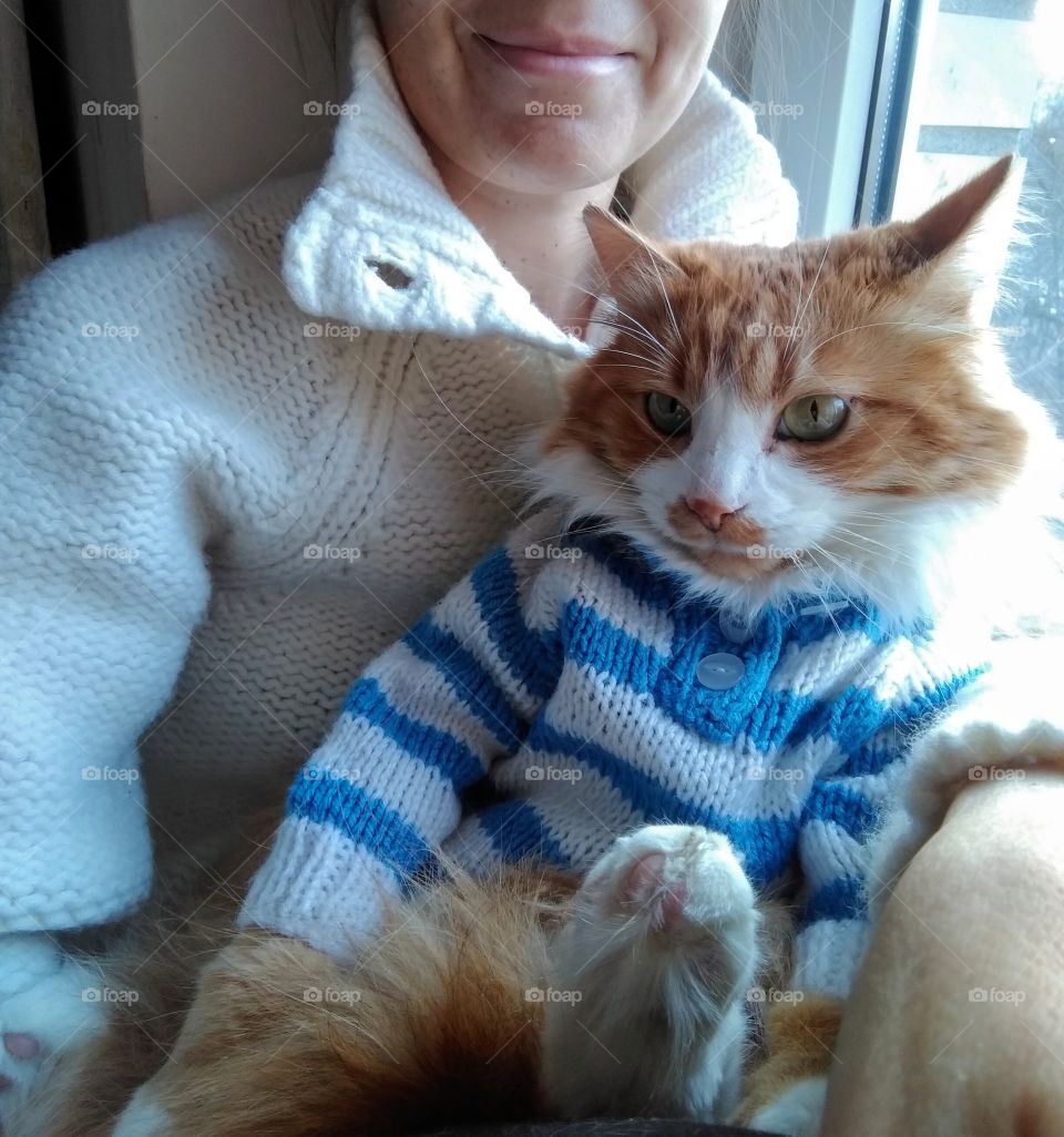 selfie girl with cat pet lovely in the sweaters