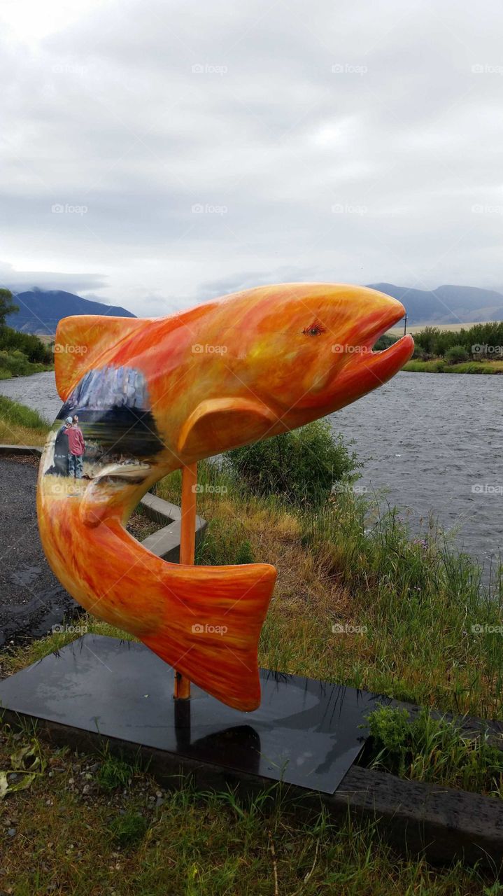 fish art styling the banks of the river,  brightly colored