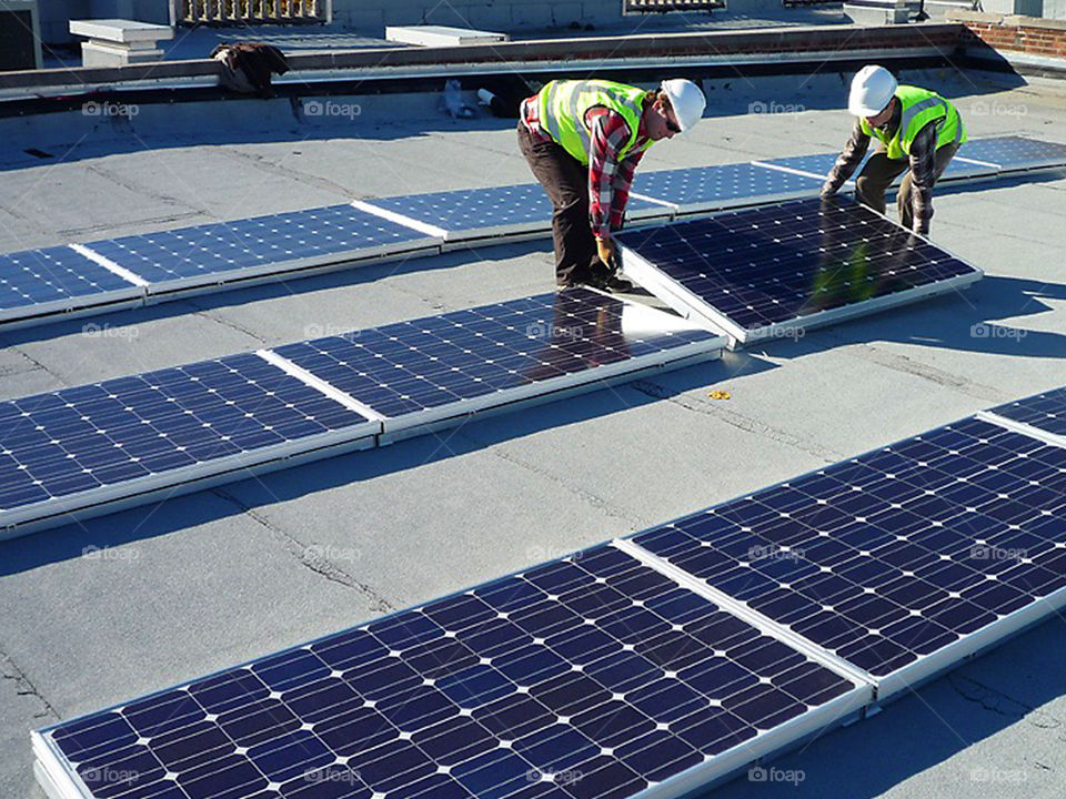 Solar panel install with technician