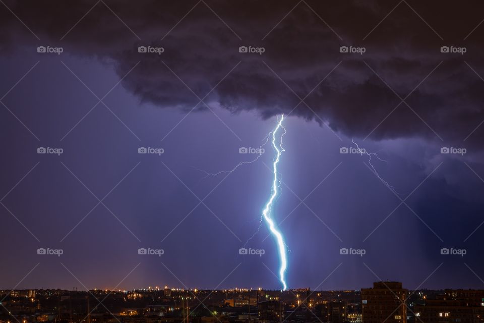 Lightning in city at night