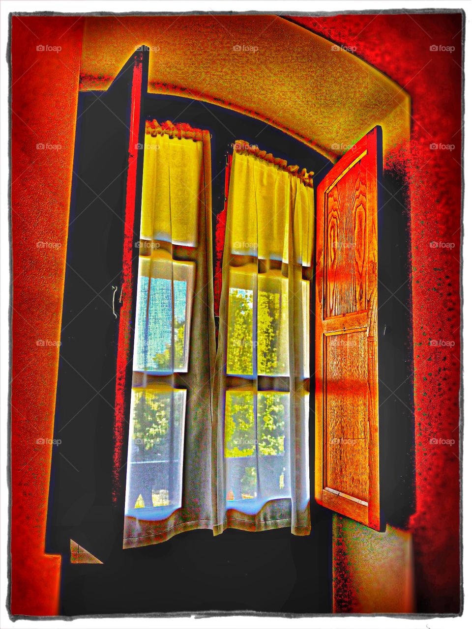 Door-Window from inside a room blue sky and tree through the curtains