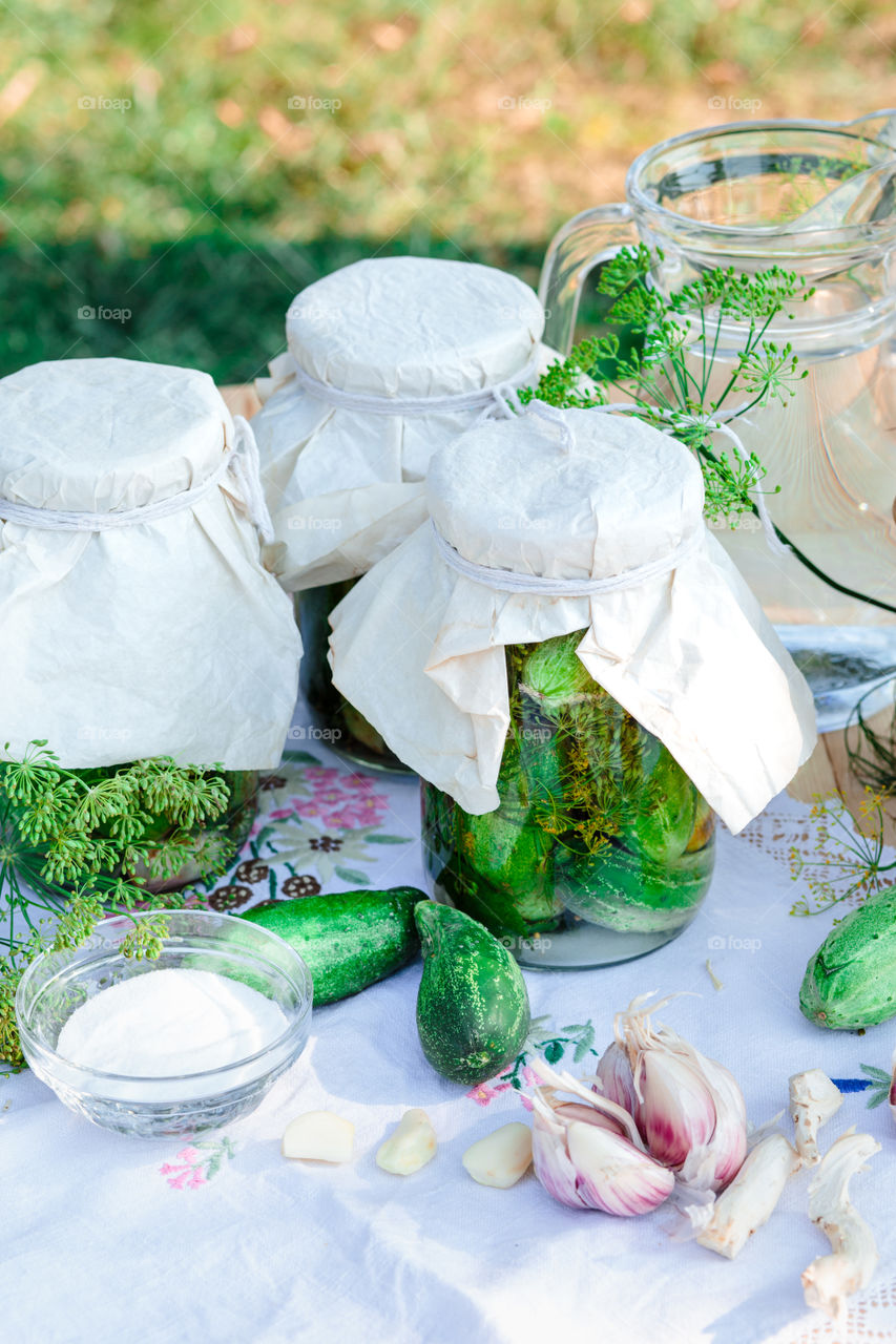 Pickled cucumbers. Pickled cucumbers made with home garden vegetables and herbs