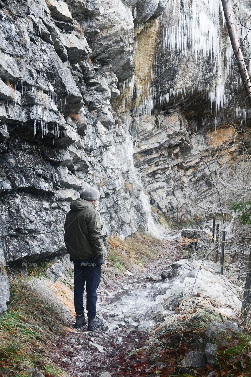 A man hiking in winter 