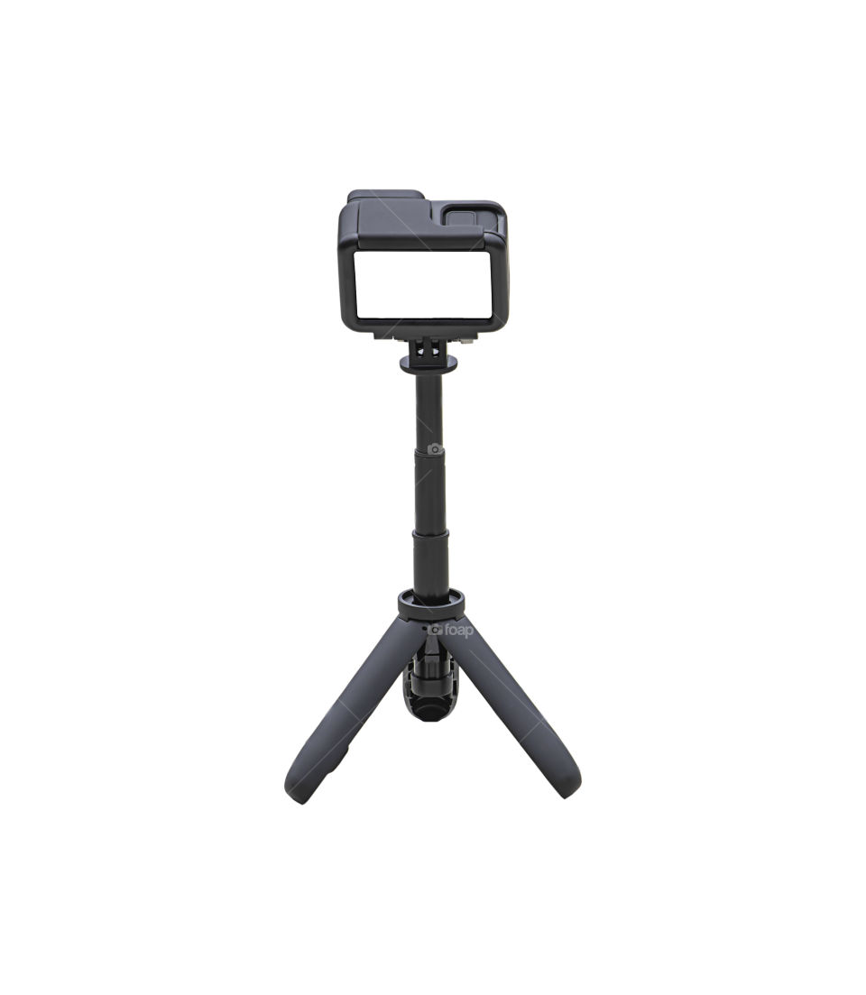 Camera and video with small black stand on a white background with clipping path.