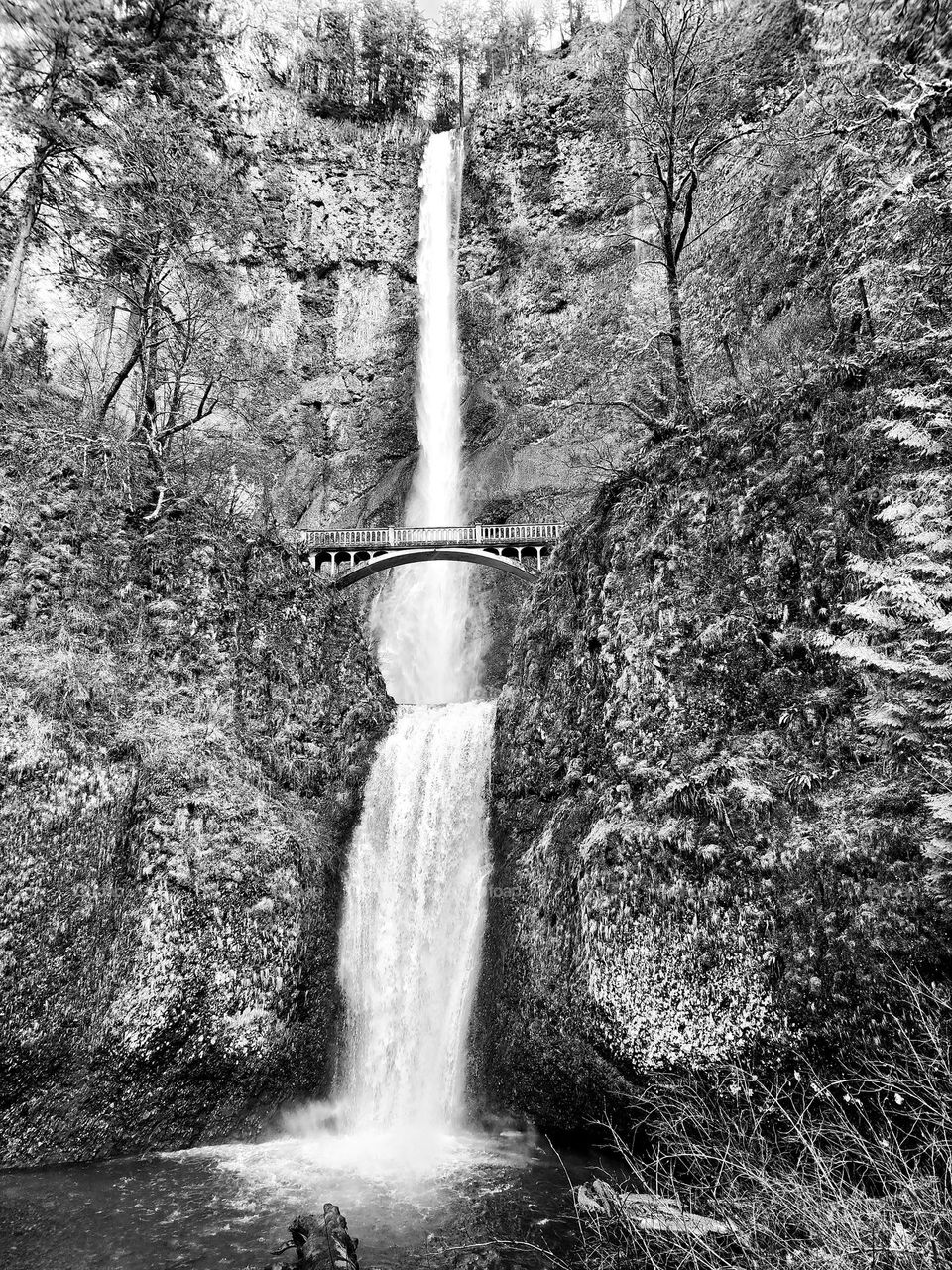 Spectacular Multnomah Falls in Oregon is captivating in color and other worldly in black and white