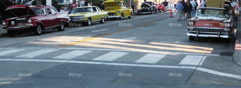 cars lining a street in California for a classic car show